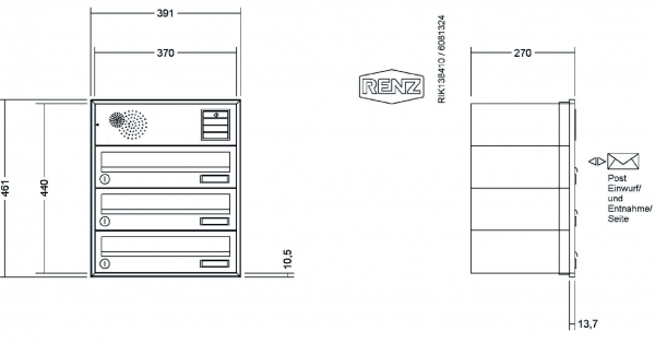 RENZ Briefkastenanlage Unterputz, Schattenfugenrahmen, Kastenformat 370x110x270mm, mit Klingel - & Lichttaster und Vorbereitung Gegensprechanlage, 3-teilig,